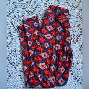 LuLaRoe Womens Leggings OS One Size Red Blue Argyle Pull On Geometric Shape